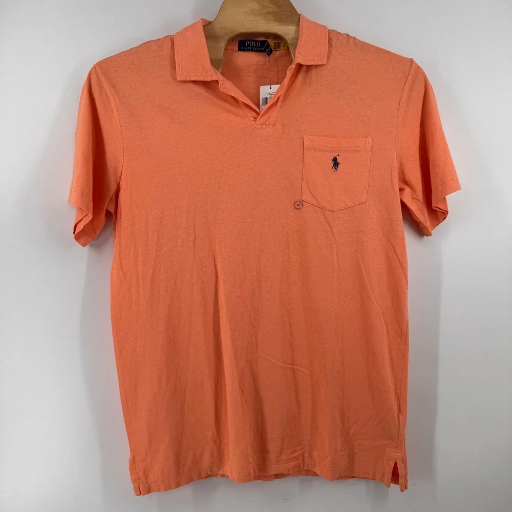 Polo Ralph Lauren Polo Shirt Mens LT Pink Orange Cotton Linen V-Neck Pocket Logo